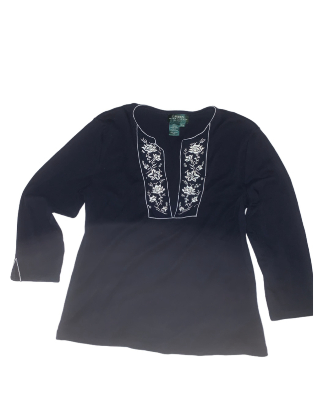 Women's Lauren Ralph Lauren Petite MP Blouse navy blue White Floral Embroidered
